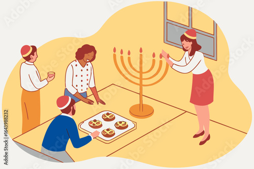 Hanukkah celebration at work with menorah on a breakroom table and coworkers sharing treats, perfect for inclusive holiday messaging.