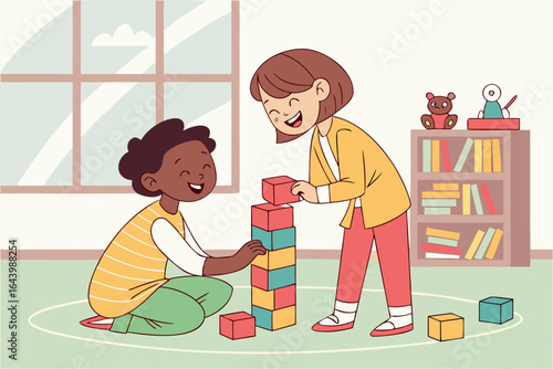 Happy students building a tower with colorful blocks during free play.