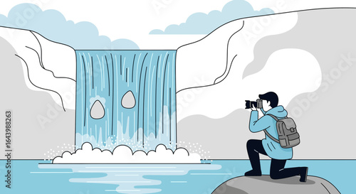 A scenic view of a waterfall with a photographer capturing its beauty in a graphic style illustration showcasing nature and technology integration