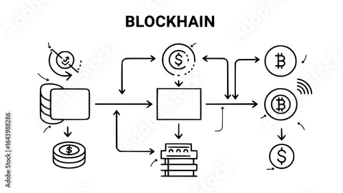 Blockchain technology diagram illustrating decentralized data flow and transactions