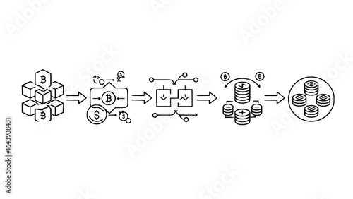 Conceptual infographic illustrating the blockchain process and cryptocurrency transactions, isolated on white background
