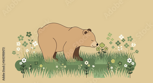 A charming bear enjoys the fragrant blooms in a meadow, evoking a sense of peace and appreciation for nature's beauty