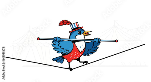A charming cartoon bird with a top hat balancing on a tightrope at the circus