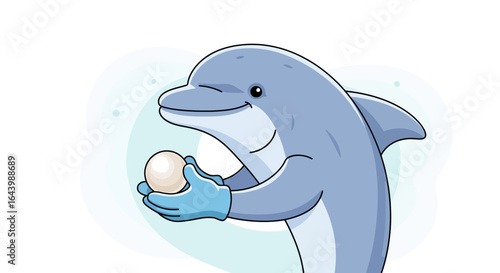 A charming cartoon dolphin presenting a luminous pearl with gloved hands creates a whimsical scene