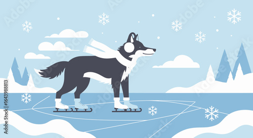 A charming cartoon illustration depicting a wolf ice skating in a winter wonderland scene