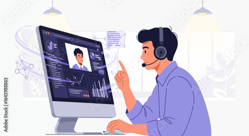 A young man working on a computer with headset in a modern office environment