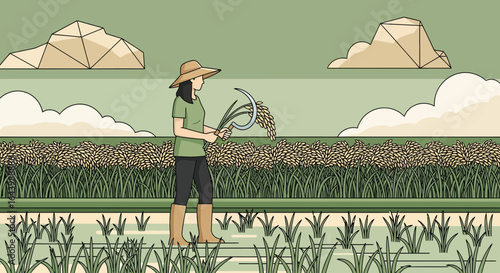 A serene depiction of a farmer harvesting rice in a lush paddy field under a pastel sky