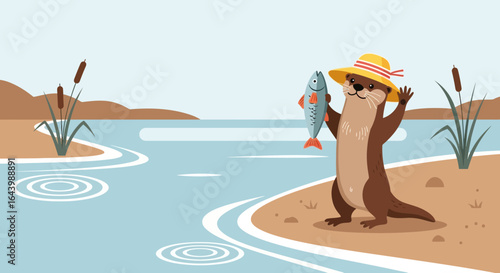 A charming cartoon illustration featuring an otter wearing a hat happily holding a fish on the beach a joyful and whimsical scene