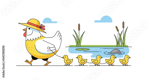 A charming cartoon illustration of a hen wearing a hat walking with her ducklings near a pond representing family and nature