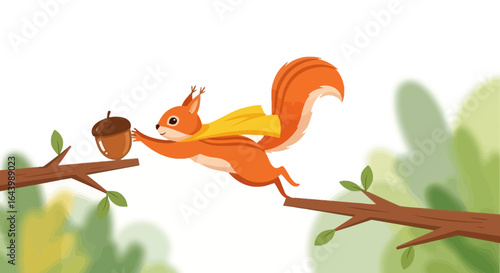 A charming cartoon squirrel leaping through the forest for a delightful acorn adventure
