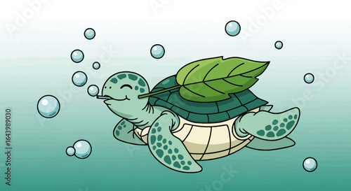 A charming cartoon turtle enjoys an underwater adventure with leaf and bubbles
