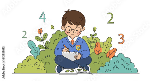 A young student enthusiastically learns mathematics surrounded by nature's tranquility illustration