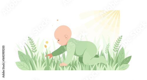 A charming illustration of a baby crawling in lush green grass bathed in sunlight, exploring nature