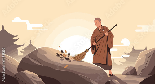 A serene illustration of a buddhist monk sweeping leaves in a peaceful asian setting