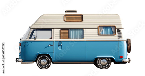 Vintage blue camper van side view for road trips.