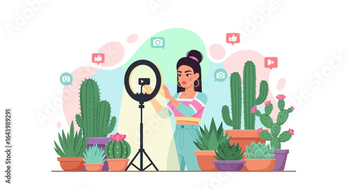 A young woman filming herself with ring light surrounded by indoor plants and cacti for social media content creation