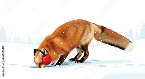 A charming illustration of a fox wearing red earmuffs in a snowy winter landscape captures a whimsical moment of nature and technology