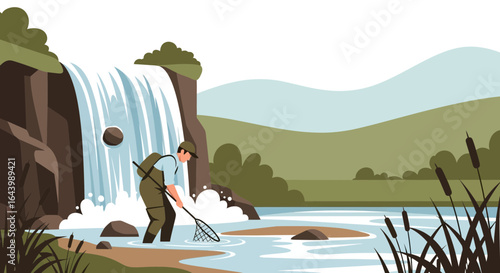 A serene illustration of a fly fisherman casting his net near a stunning waterfall landscape scenic outdoor activity