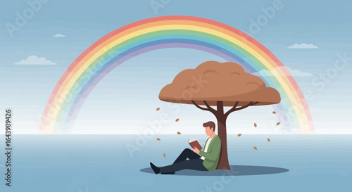 A serene illustration of a man reading beneath a tree with a rainbow backdrop creates a peaceful ambiance