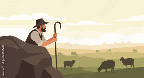 A serene illustration of a shepherd overseeing his flock in a tranquil landscape