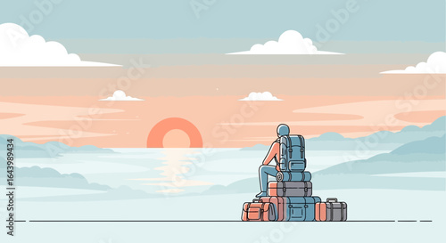 A serene illustration of a traveler watching the sunrise over the ocean horizon with luggage