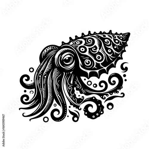 Illustration of a nautilus shell with tentacles isolated on white background