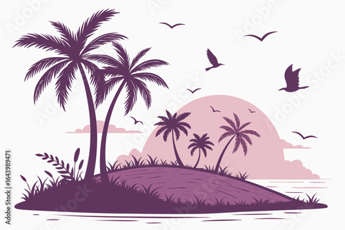 Serene Island Silhouette: A tranquil scene unfolds featuring an island silhouette adorned with palm trees, against a backdrop of a setting sun and soaring birds. conveying a sense of peace and escape.