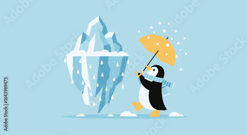 A charming illustration of a penguin braving the melting iceberg with an umbrella winter scene illustration vector graphic design