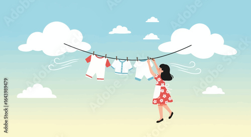 A serene illustration of a woman hanging laundry on a clothesline under a blue sky full of white fluffy clouds