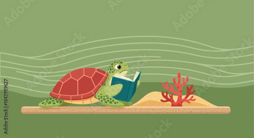 A charming illustration of a turtle engrossed in reading a book underwater scenery