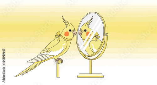 A charming illustration of a yellow cockatiel admiring itself in a golden mirror a heartwarming and whimsical design