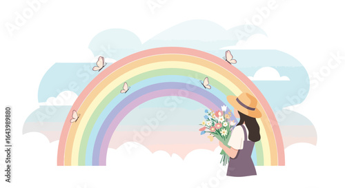 A charming scene with a woman holding flowers, a rainbow and butterflies with pastel colors creating a dreamy and whimsical atmosphere