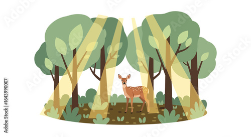 A charming vector illustration of a deer standing in a sunlit forest clearing