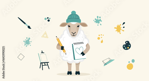 Adorable artist sheep with beanie holding a sketchbook and pencil surrounded by art supplies and geometric shapes