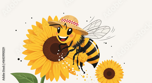 A cheerful bee with a straw hat on a vibrant sunflower, creating a whimsical scene full of joy and summer vibes