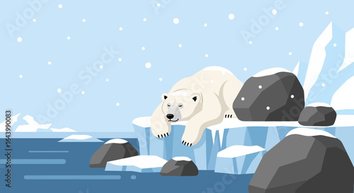 A serene polar bear rests peacefully on an iceberg amidst a snowy arctic landscape