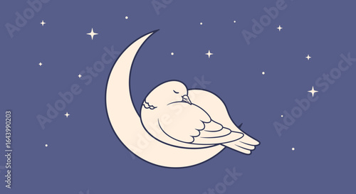 A serene scene of a sleeping bird perched comfortably on the crescent moon under a starry sky evoking calmness and peacefulness