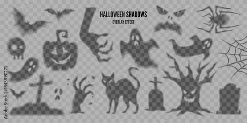 Set of Halloween transparent shadows, overlay effect. Scary faces, spooky monster hands, ghosts, spider, bats, pumpkin, spider web, cat, gravestones illustrations. Isolated vector decoration elements.