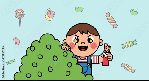 A cheerful cartoon boy hides behind a bush amid floating candy with a joyful expression