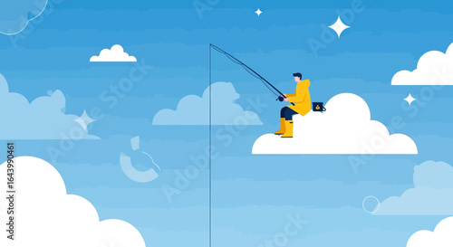 A serene vector illustration of a man fishing from a cloud in a dreamy blue sky with stars and other clouds reflecting a peaceful pursuit