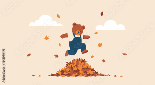 Adorable bear cub leaping over a pile of autumn leaves in a playful cartoon scene