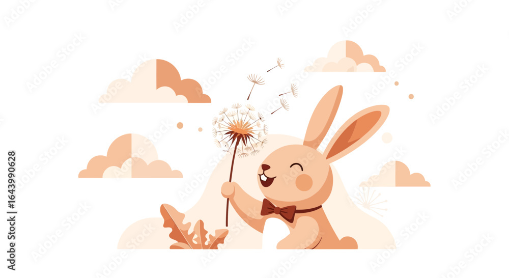 Fototapeta premium Adorable bunny blowing dandelion seeds on a dreamy sky background in gentle peach tones