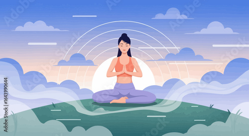A serene woman practicing yoga in a peaceful landscape with a beautiful sunrise yoga and meditation enhance well-being