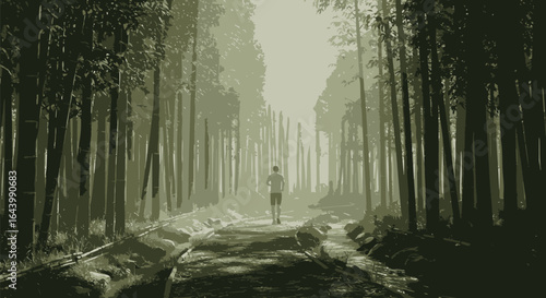 Illustrative view of a lone figure running through a light-filled forest path, symbolizing a personal journey and determination.