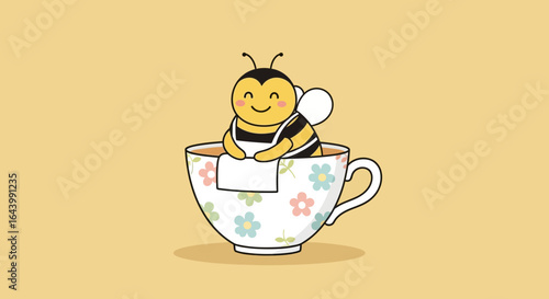 Adorable cartoon bee taking a relaxing break in a floral teacup illustration