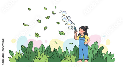 A cheerful cartoon illustration of a young girl blowing bubbles amidst lush greenery creating a whimsical springtime scene