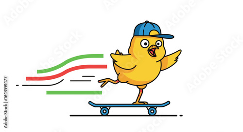 A cheerful chick riding a skateboard with speed lines indicating swift motion cartoon character