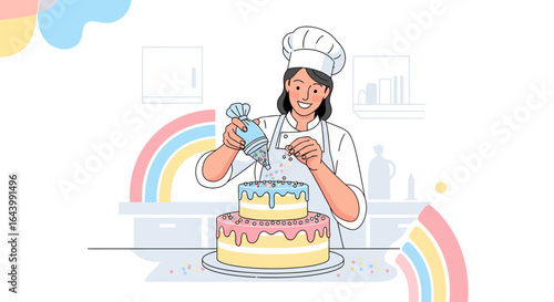 A cheerful chef decorating a colorful two-tiered cake with frosting and sprinkles in a bright kitchen setting