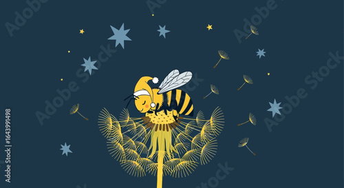 A sleepy bee wearing a nightcap rests on a dandelion under a starry night sky full of dreams and magic
