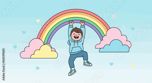 A cheerful illustration of a boy happily swinging from a colorful rainbow in the sky
